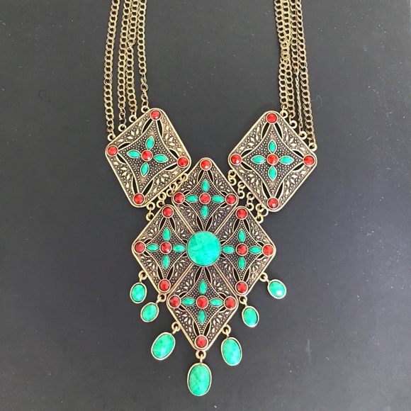 Amrita Singh Simulated turquoise and dark coral colour large statement necklace - Picture 1 of 6